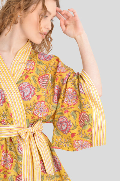 Yellow, Artisan Hand Block Print, Matching Waist Tie, Traditional Cut, Lightweight Cover up