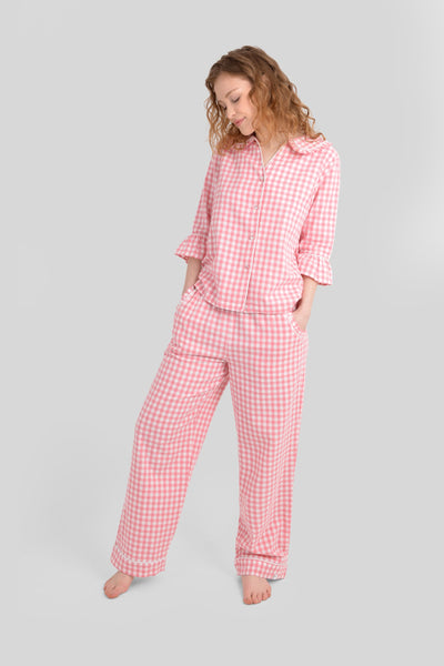 Pink, brushed cotton, pyjama trousers, set, peter pan collar, pockets, 3/4 length frill sleeve, contrast piped detailing, comfortable, loose fit