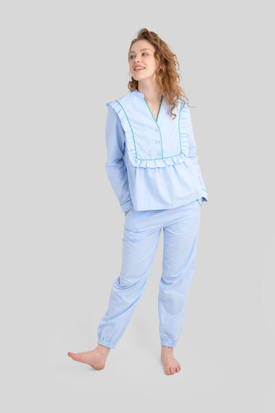 Blue, brushed cotton frill, trousers, set, long sleeves, oversized frill collar, contrast piped detailing, tapered, loose fit trousers, 2 front door trousers pocket with frill edging 