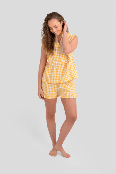 Yellow, brushed cotton, PJ, Shorts, Set, Oversized frill collar, contrast piping detailed, comfortable, loose